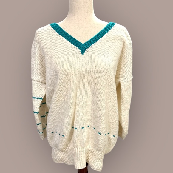 Vintage Cottage Core White and Green Oversized Cotton Sweater Small - Picture 1 of 7
